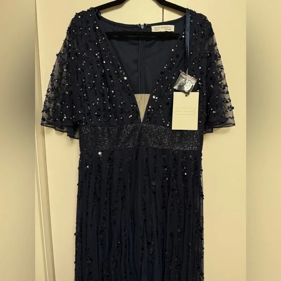 NWT | Mac Duggal Blue 93784 Midnight Blue Maxi Gown  Flutter Sleeves Size 10 - Picture 5 of 15
